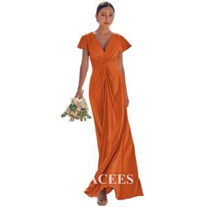 Stacees Sheath Dress V Neck Short Sleeve Floor-Length Stretch Satin Size 10 NWT